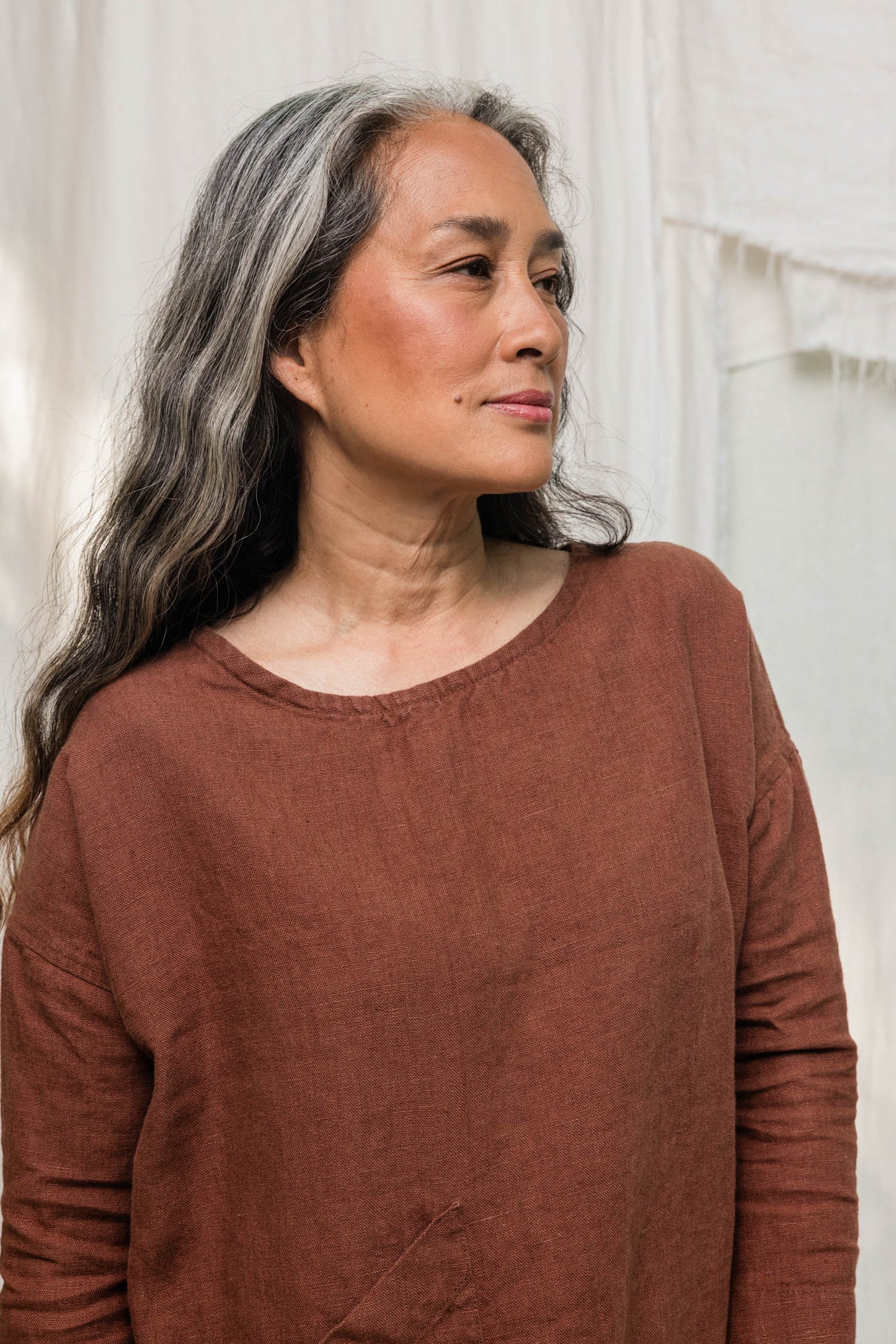 Long Sleeve Harper Tunic in Midweight Linen, Cedar, Size XXS/XS | Ready to Ship