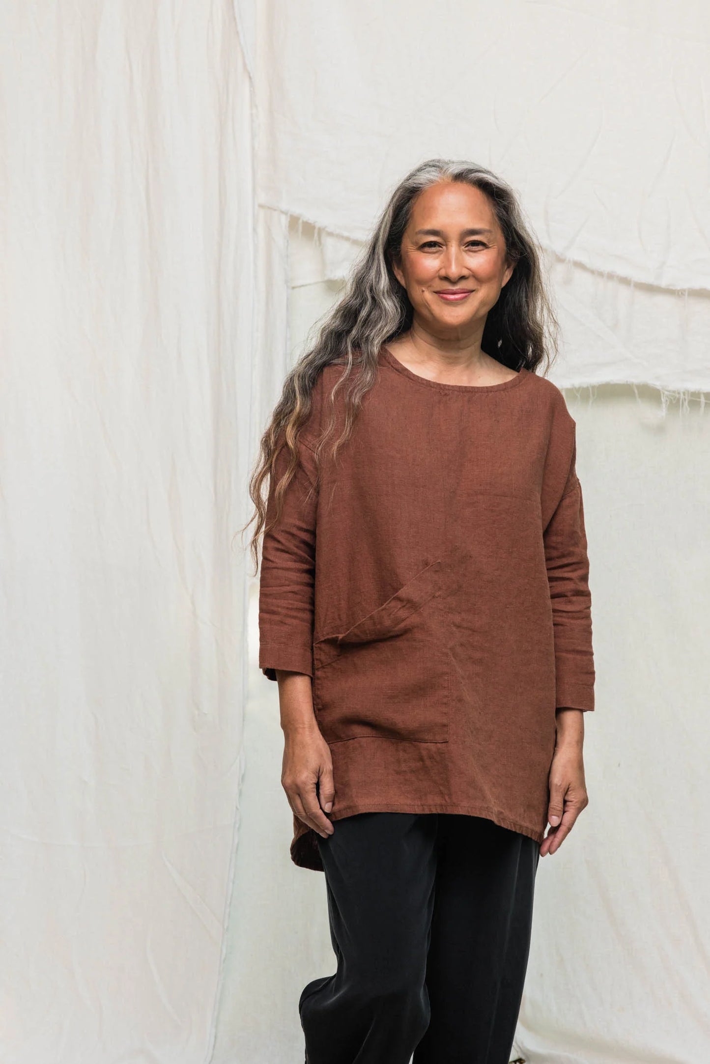 Long Sleeve Harper Tunic in Midweight Linen, Cedar, Size XXS/XS | Ready to Ship
