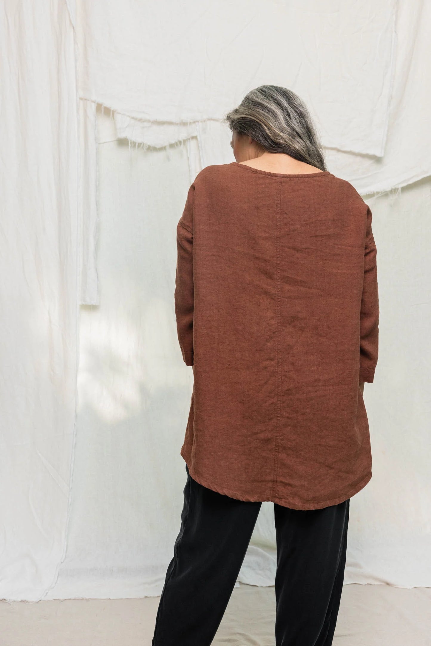 Long Sleeve Harper Tunic in Midweight Linen, Cedar, Size XXS/XS | Ready to Ship