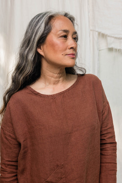 Long Sleeve Harper Tunic in Midweight Linen, Cedar, Size XXS/XS | Ready to Ship