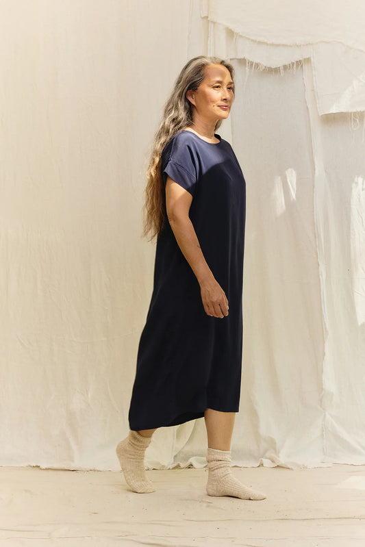 Georgia Midi in Silk Crepe, Navy, Size S/M | Ready to Ship