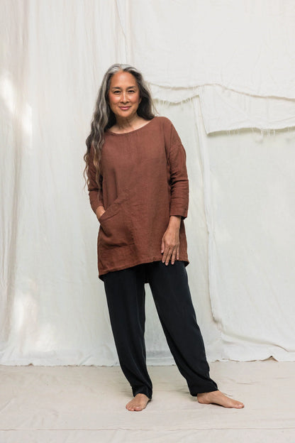 Long Sleeve Harper Tunic in Midweight Linen, Cedar, Size XXS/XS | Ready to Ship