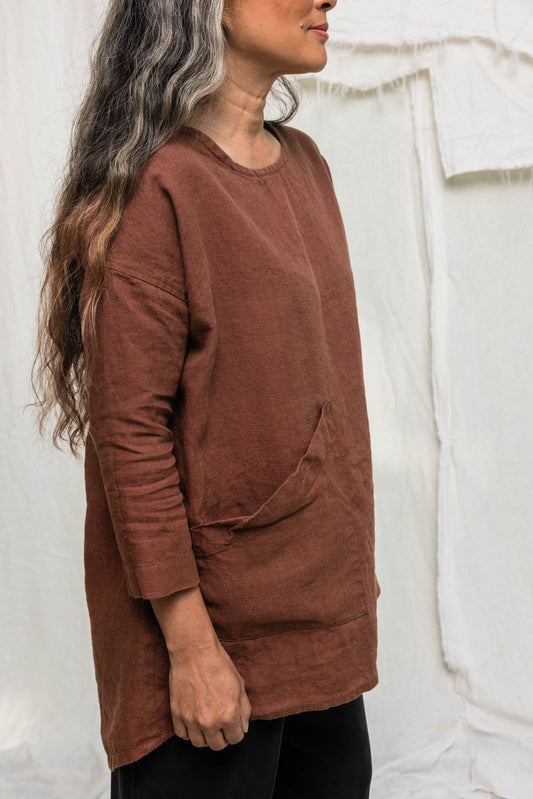 Long Sleeve Harper Tunic in Midweight Linen, Cedar, Size XXS/XS | Ready to Ship