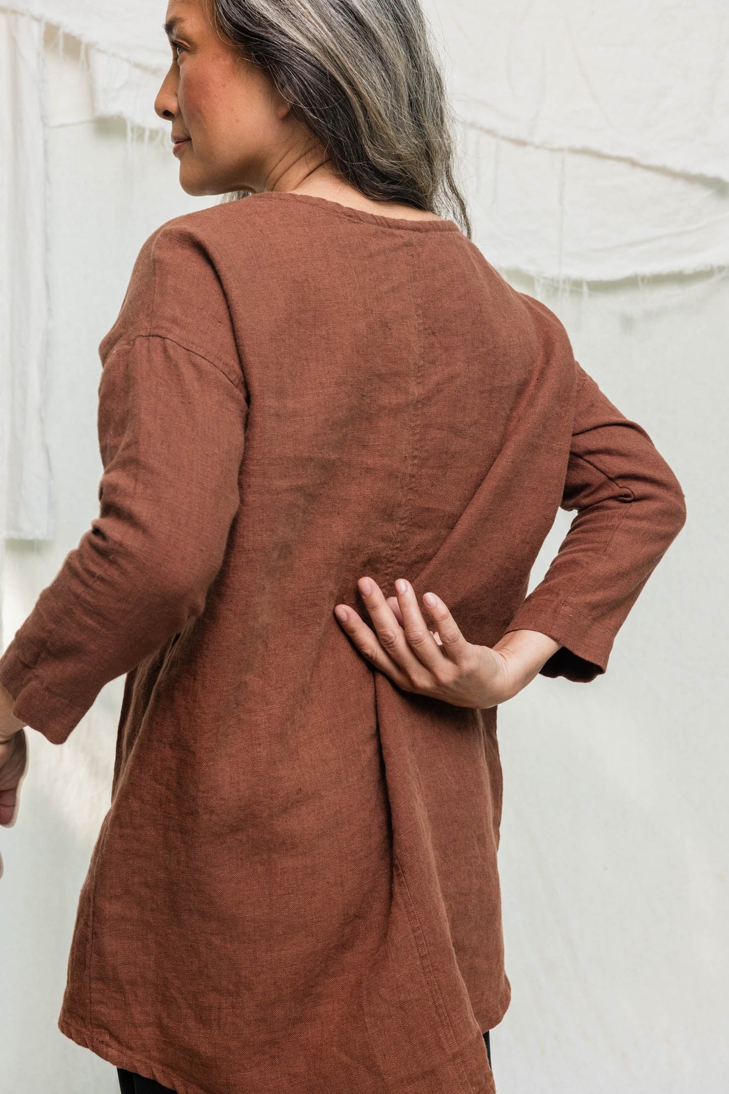 Long Sleeve Harper Tunic in Midweight Linen, Cedar, Size XXS/XS | Ready to Ship